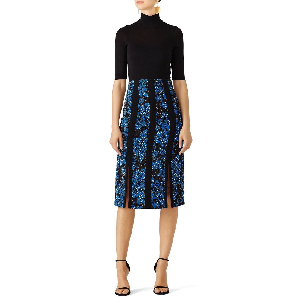Diane von Furstenberg Silk Blend Floral Polka Dot Slit Midi Skirt Blue 2